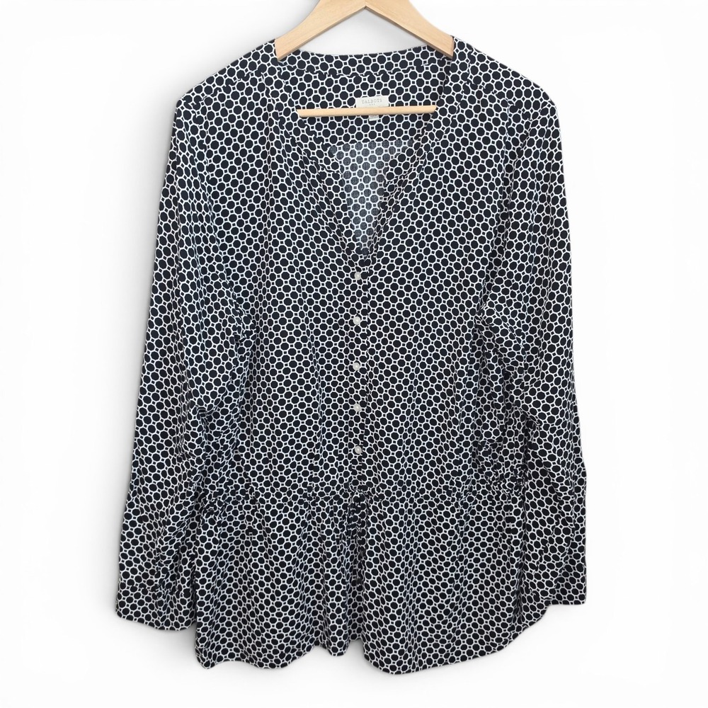 Talbots‎ Top Womens XL Black Printed Waist Tie Blouse Button Long Sleeve Casual